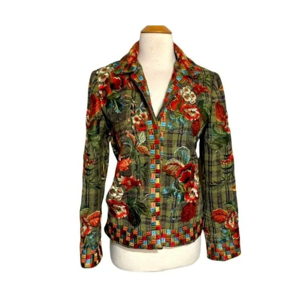 ISO - Johnny Was Biya Green Plaid Embroidered Blazer